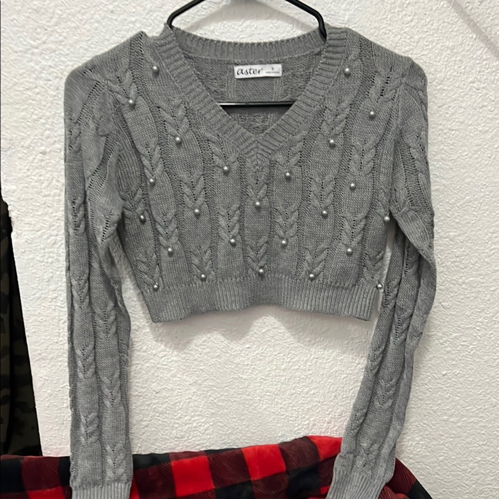 Gray Cropped Sweater with Pearl Accents